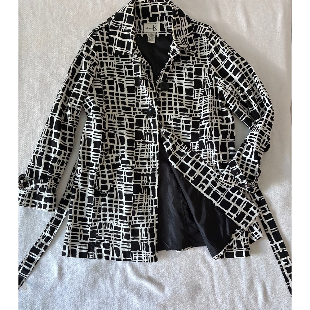 Shana K Trench Coat Womens Medium Black/White Grid‎ Belted Cotton Jacket